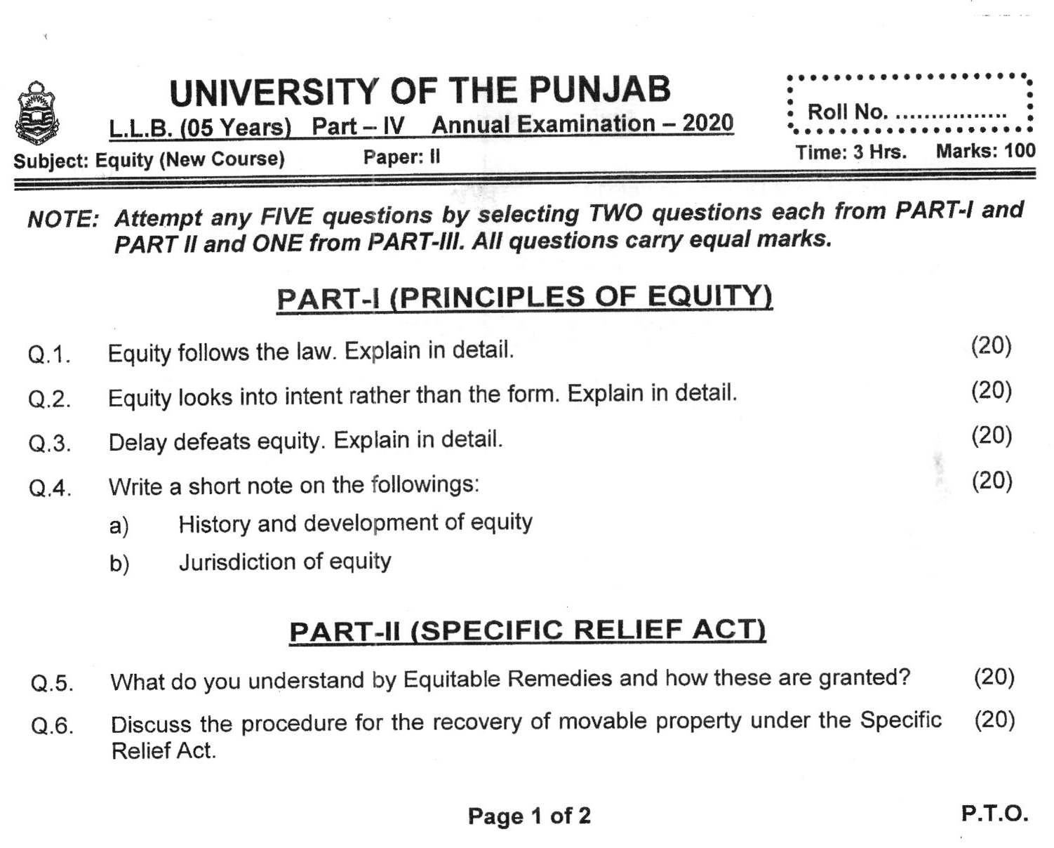 LL.B Part-4: Equity Past Paper 2021-1