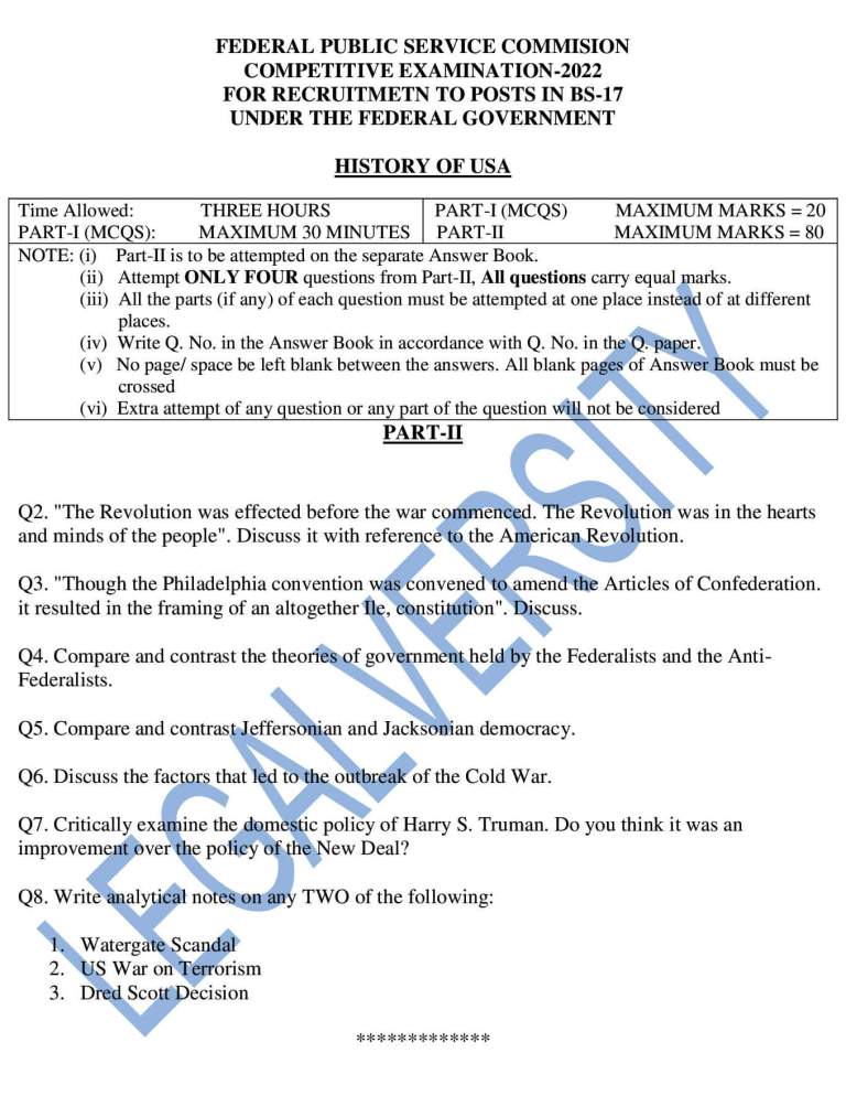 CSS History of USA Past Paper 2022