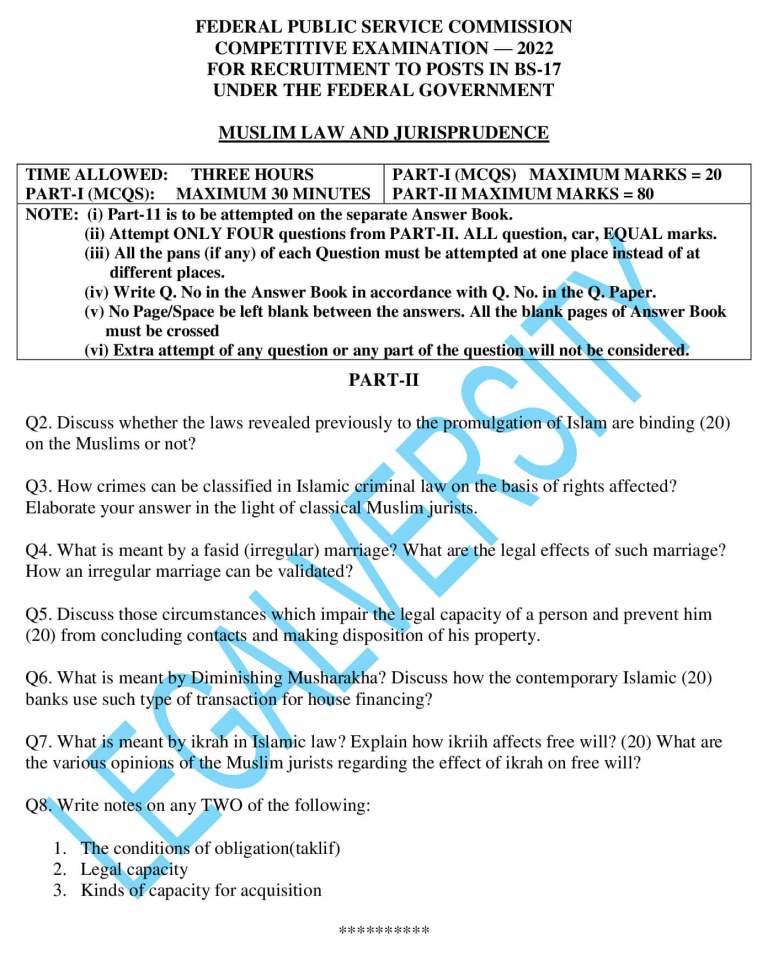 CSS Muslim Law & Jurisprudence Past Paper 2022