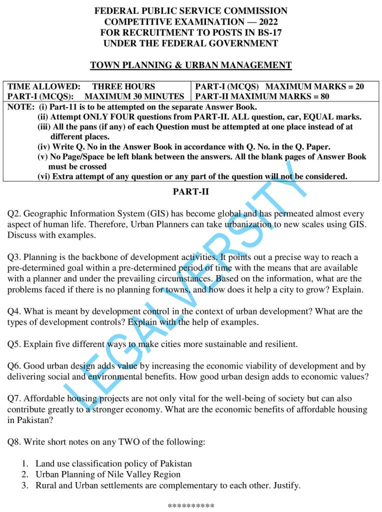 CSS Town Planning Past Paper 2022