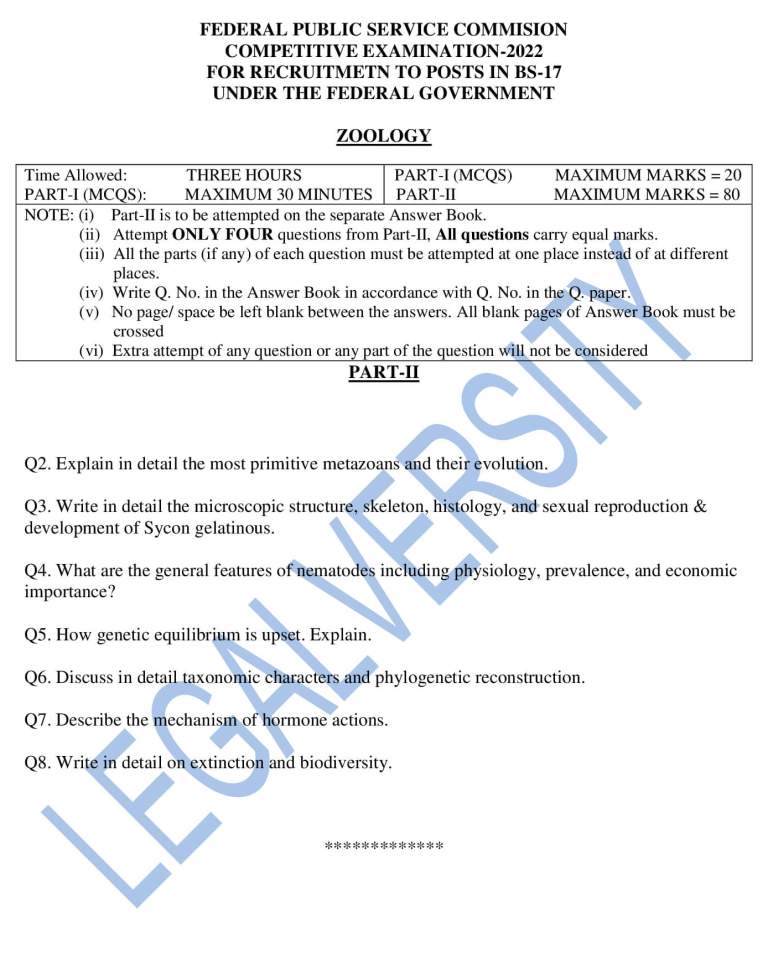 CSS Zoology Past Paper 2022