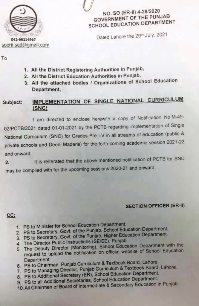 Notification of Implementation of Single National Curriculum SNC 2021