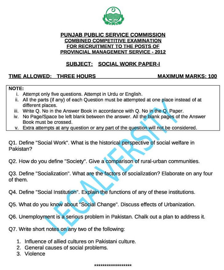 PMS Social Work Past Paper-I 2012