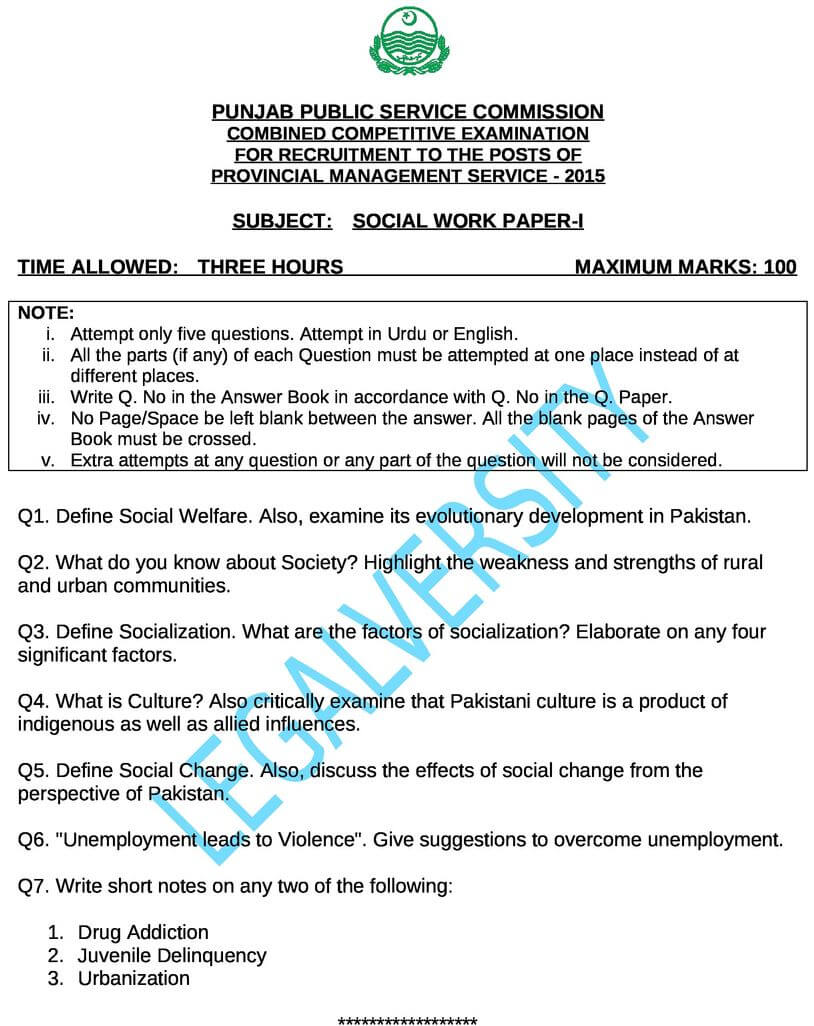 PMS Social Work Past Paper-I 2015