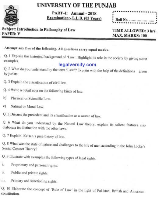 LL.B Part-1: Introduction to Philosophy of Law Past Paper 2018