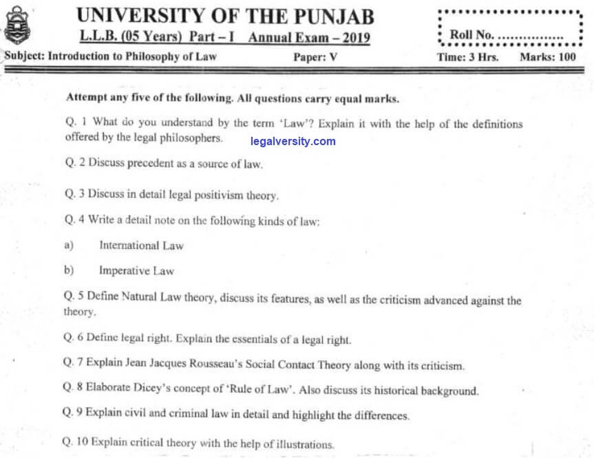 LL.B Part-1: Introduction to Philosophy of Law Past Paper 2019