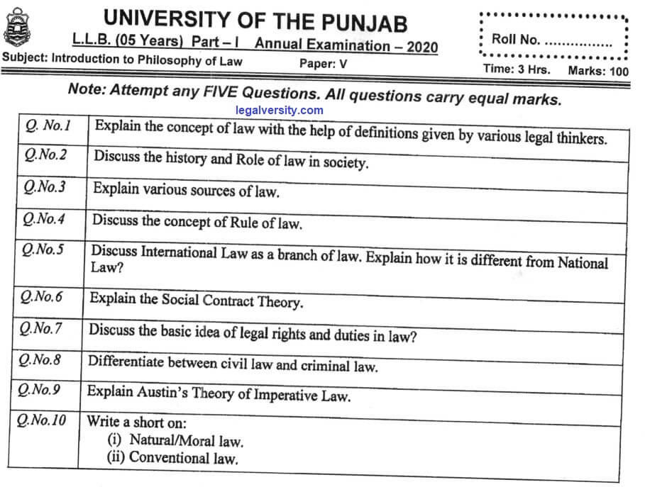 LL.B Part-1: Introduction to Philosophy of Law Past Paper 2020