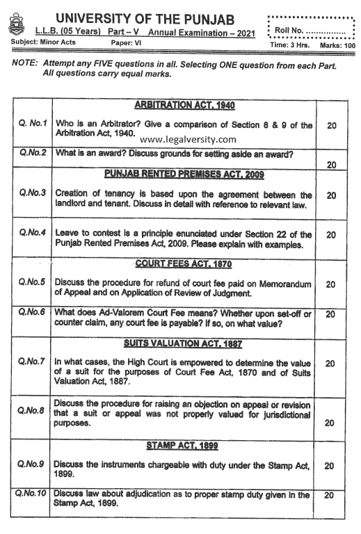 LL.B Part-5: Minor Acts Past Paper Annual 2021 - Legalversity