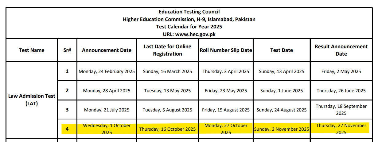 Schedule for 2025 LAT Exam