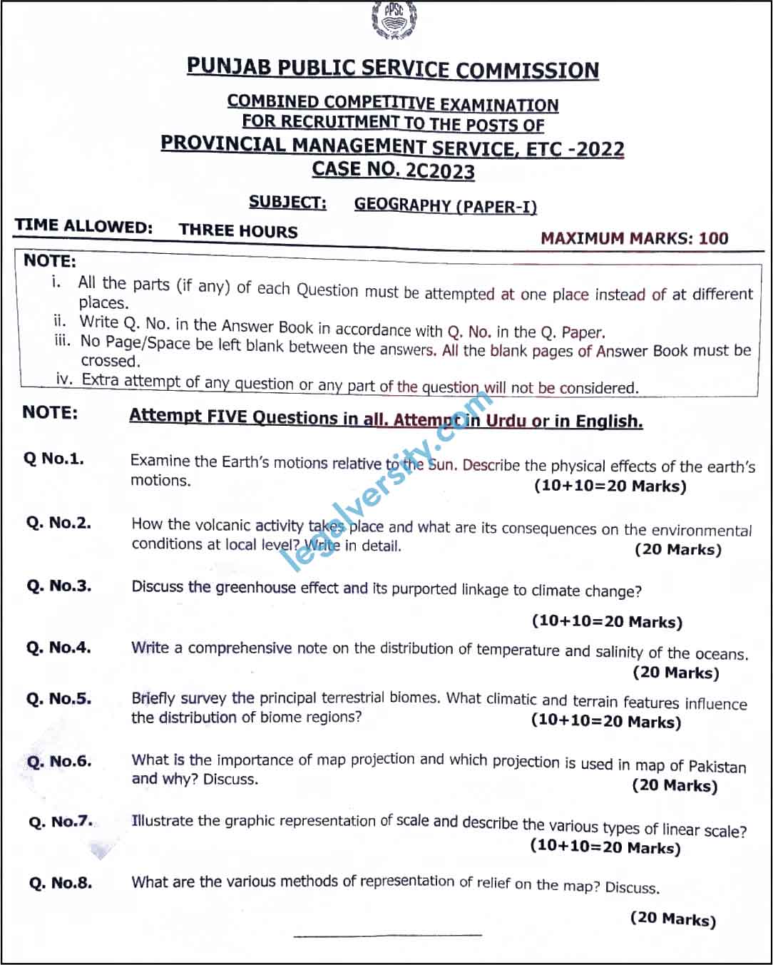 PMS Geography Paper-I 2022