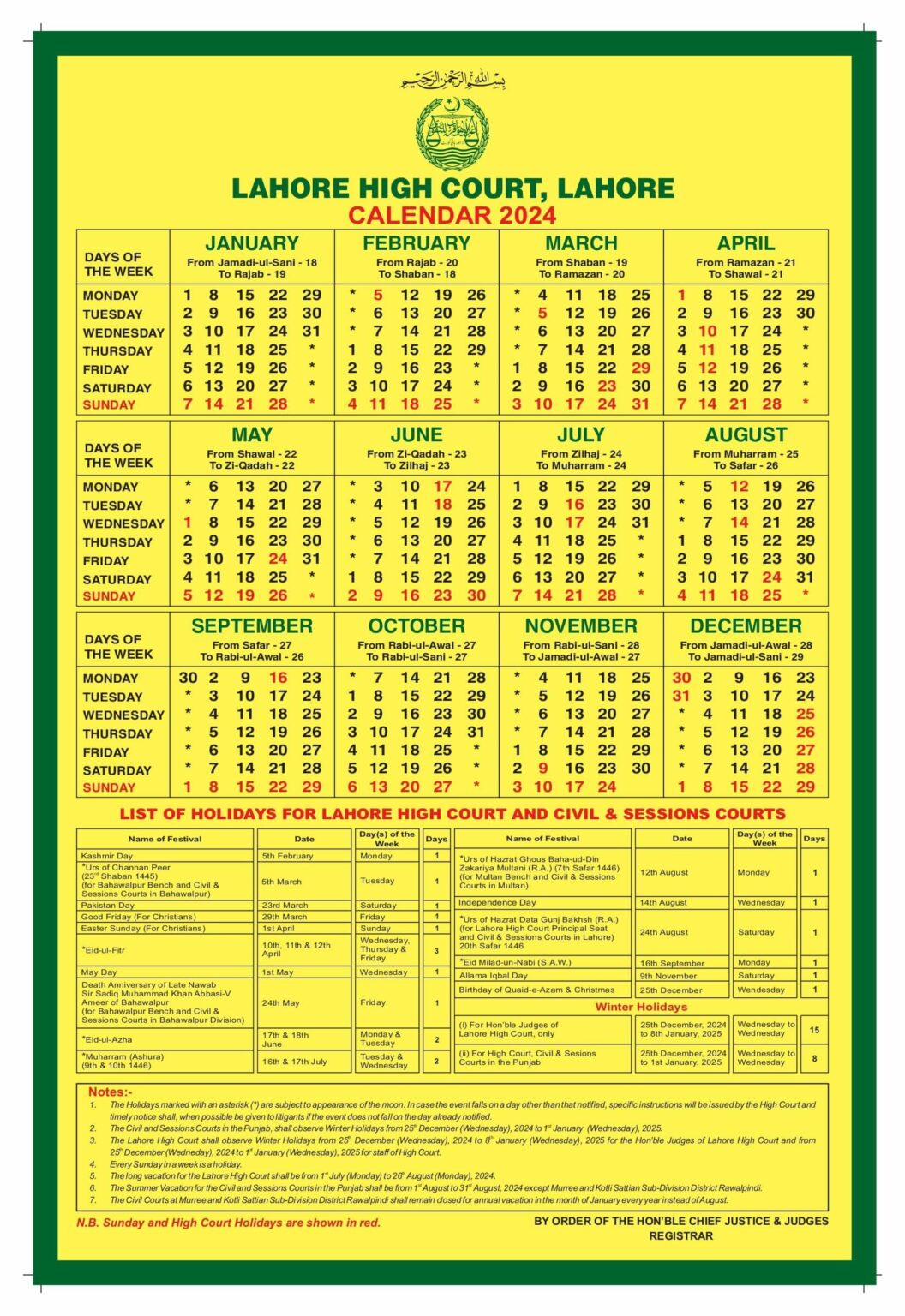 Lahore High Court Holiday Calendar For 2024 Legalversity