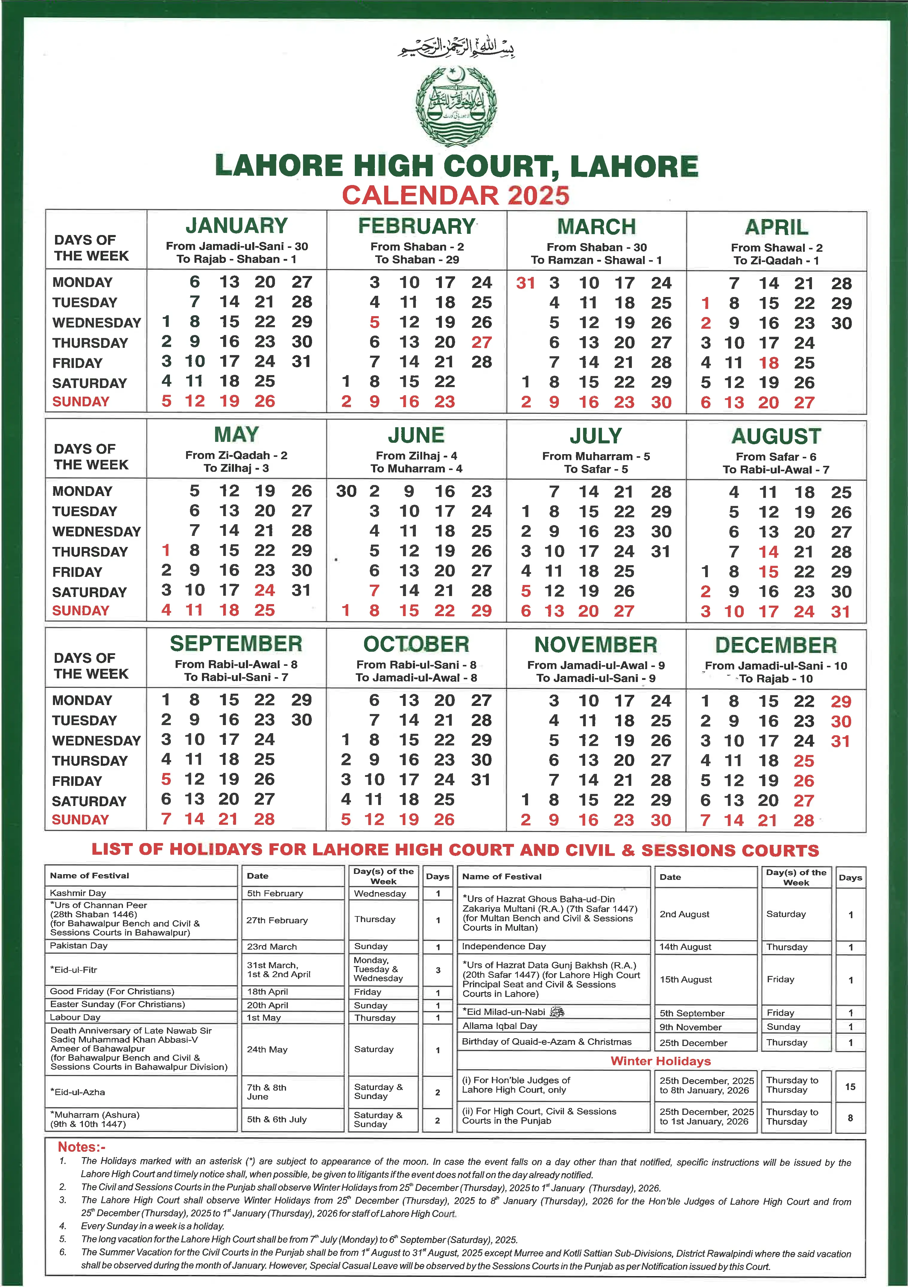 Lahore High Court Holiday Calendar for 2025