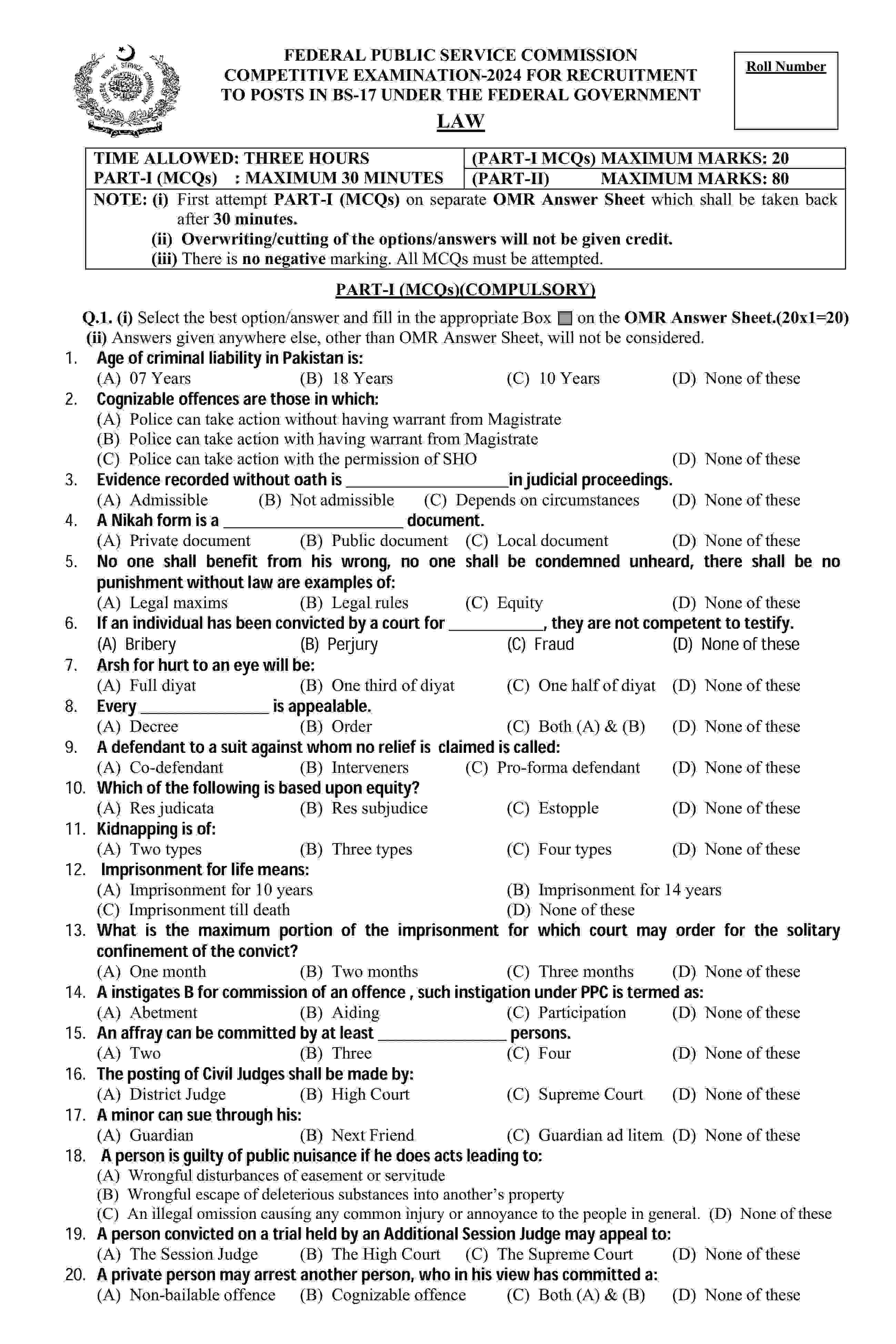 CSS Law Past Paper 2024-1