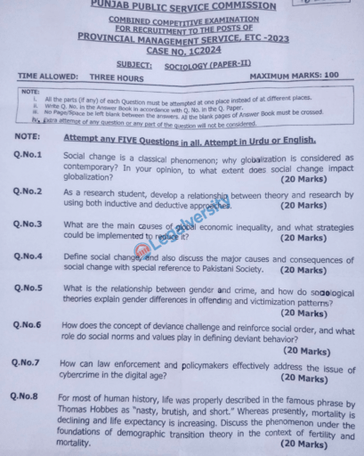 PMS Sociology Past Paper-II 2024