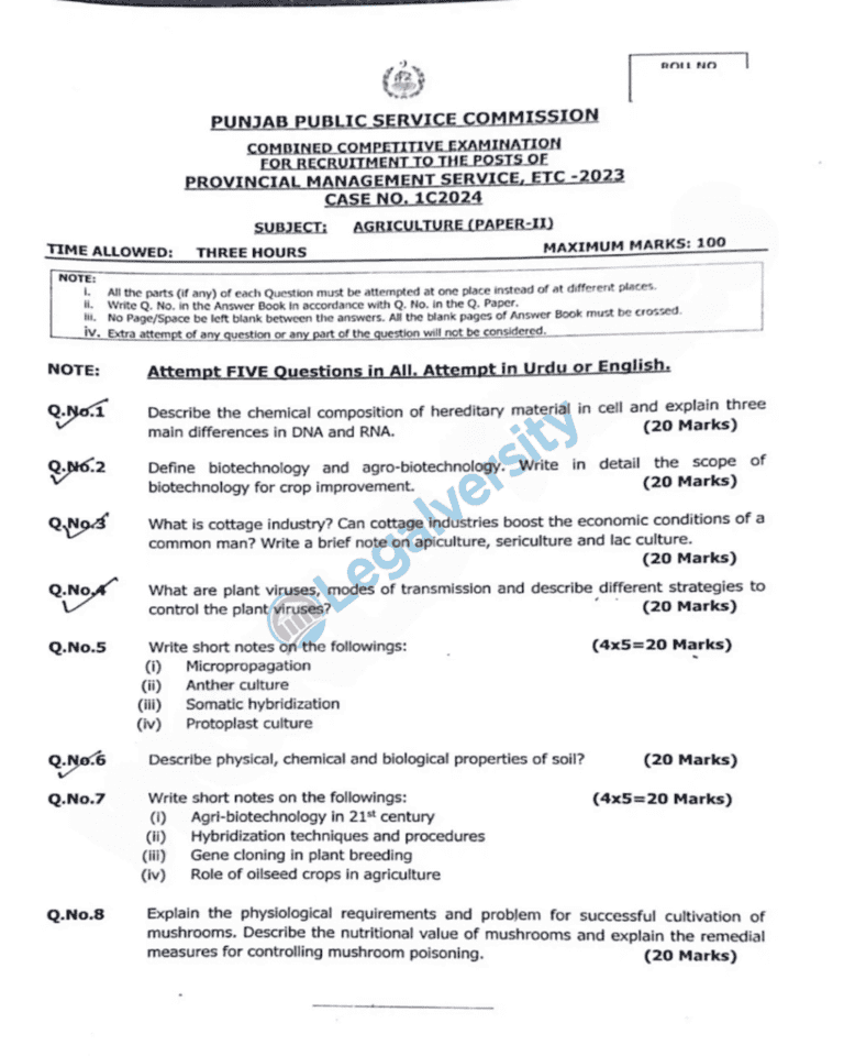 PMS Agriculture Past Paper-II 2024