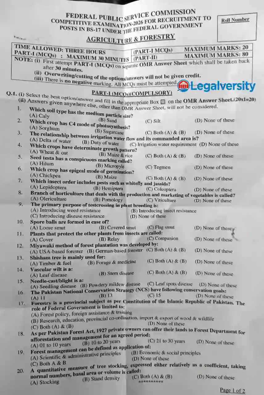 CSS Agriculture & Forestry MCQs Paper 2026