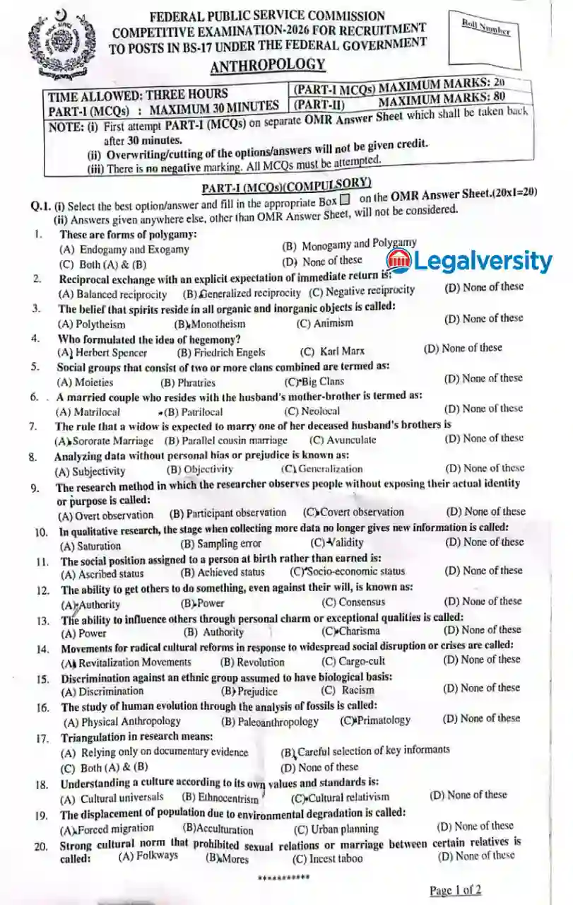 CSS Anthropology MCQs Paper 2026