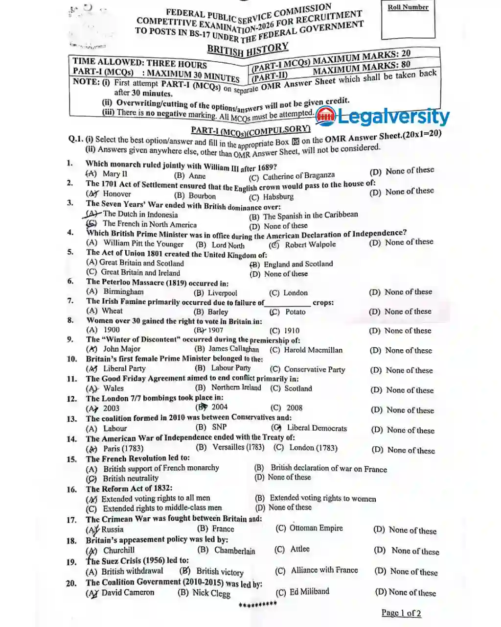 CSS British History MCQs Paper 2026