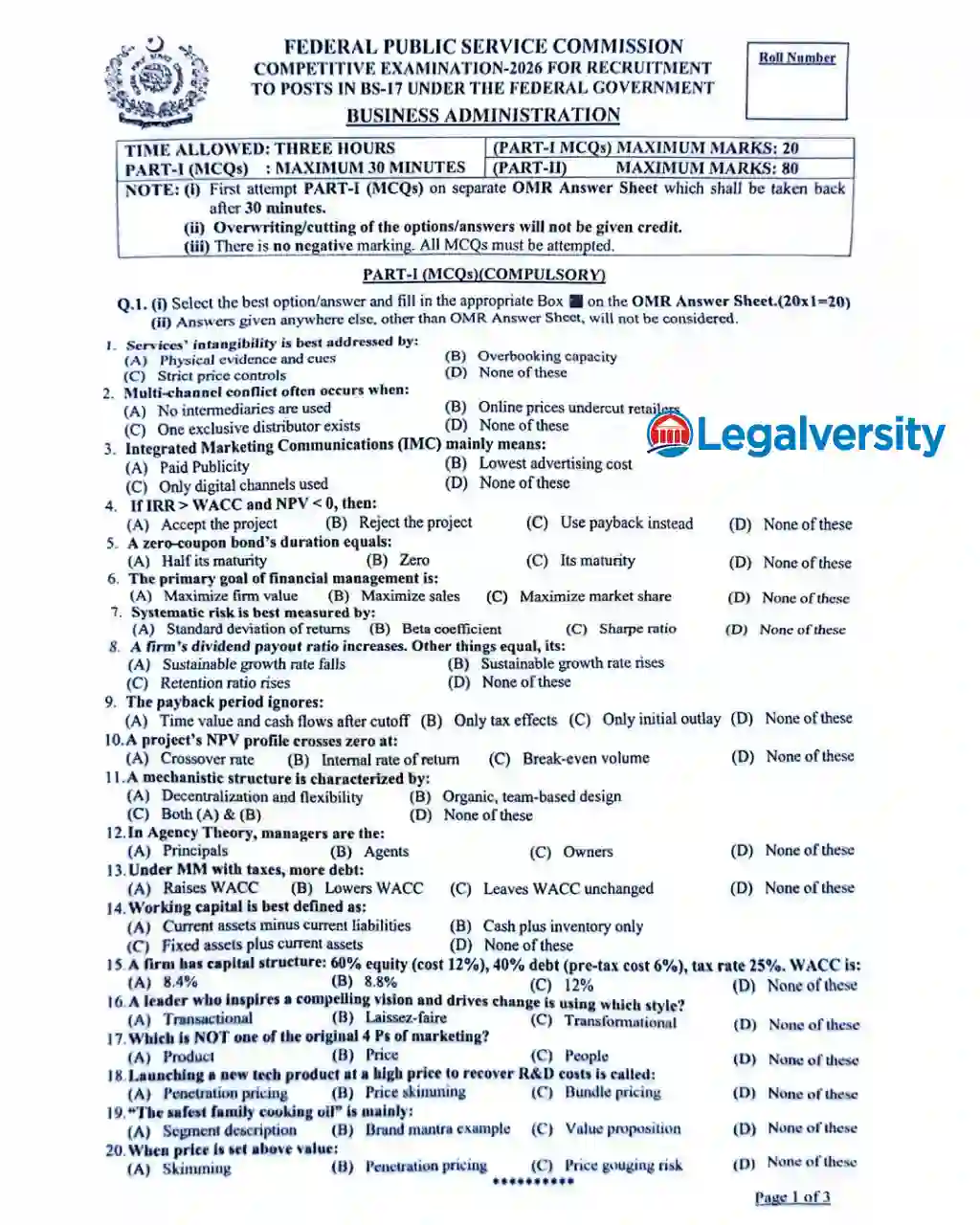 CSS Business Administration MCQs Paper 2026