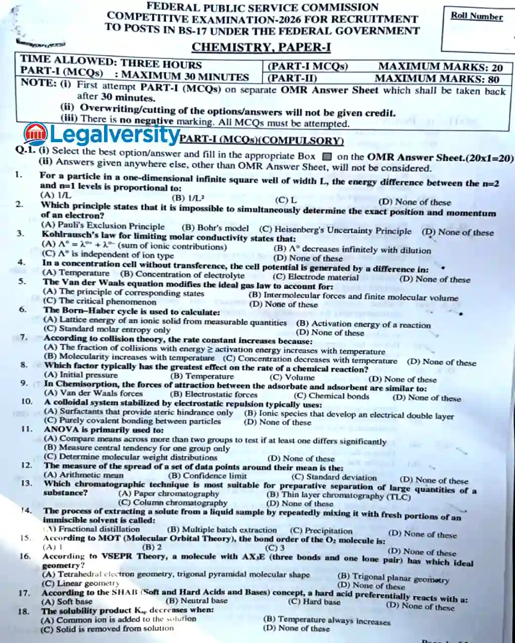 CSS Chemistry MCQs Paper-I 2026