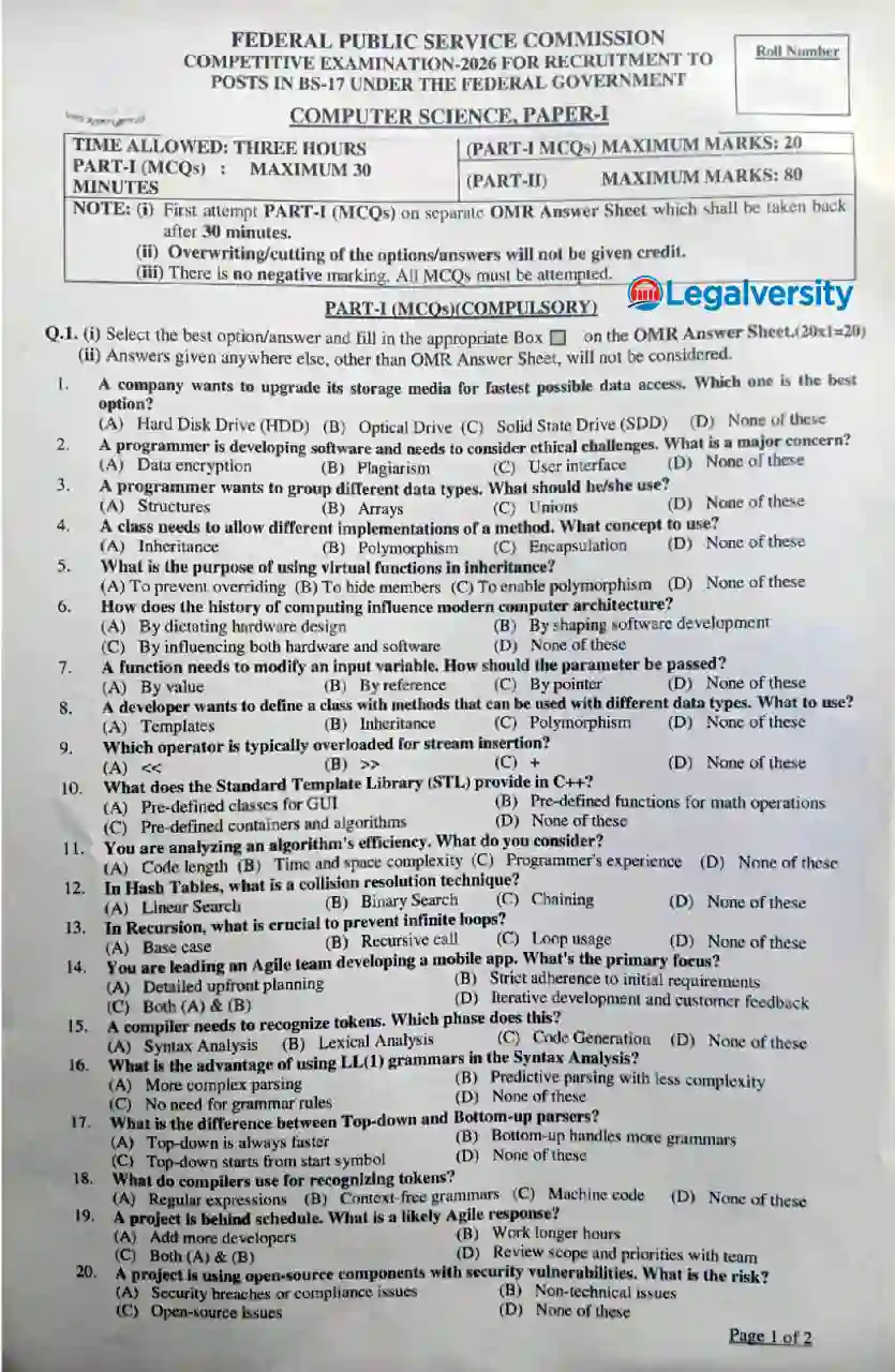 CSS Computer Science Paper-I 2026 MCQ Questions