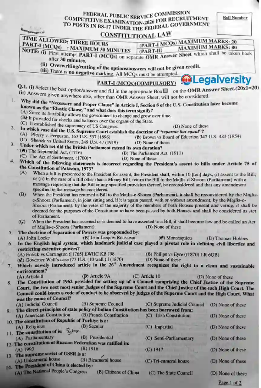 CSS Constitutional Law MCQs Paper 2026