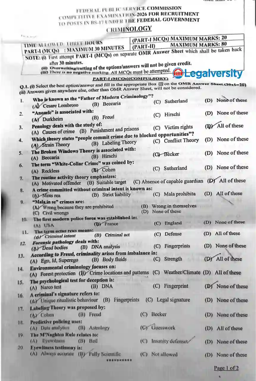 CSS Criminology MCQs Paper 2026