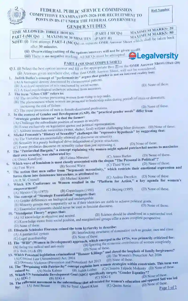 CSS Gender Studies 2026 MCQS Paper