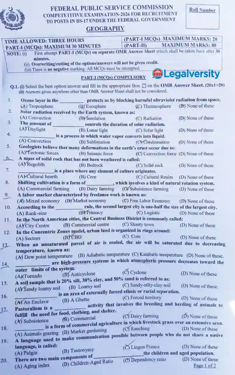 CSS Geography MCQs Paper 2026