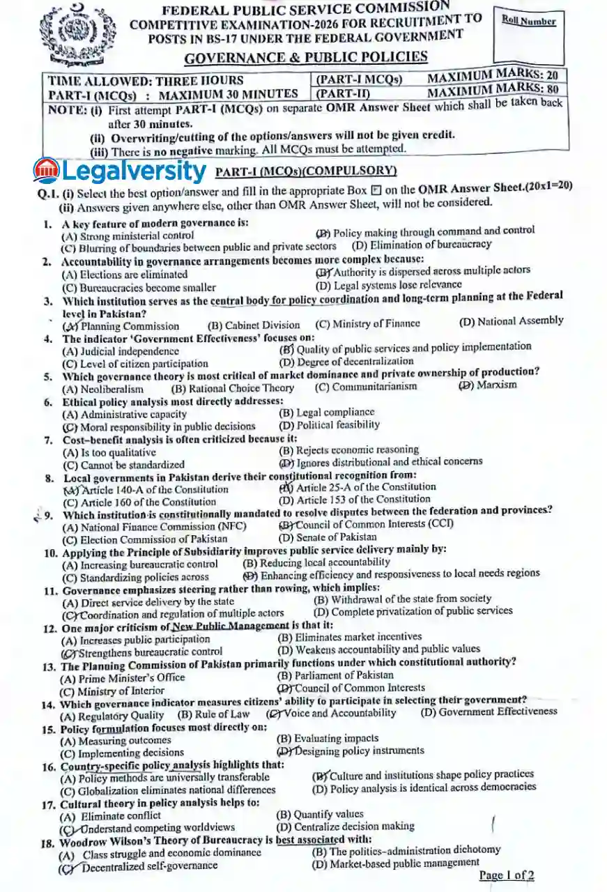 CSS Governance & Public Policies MCQs Paper 2026