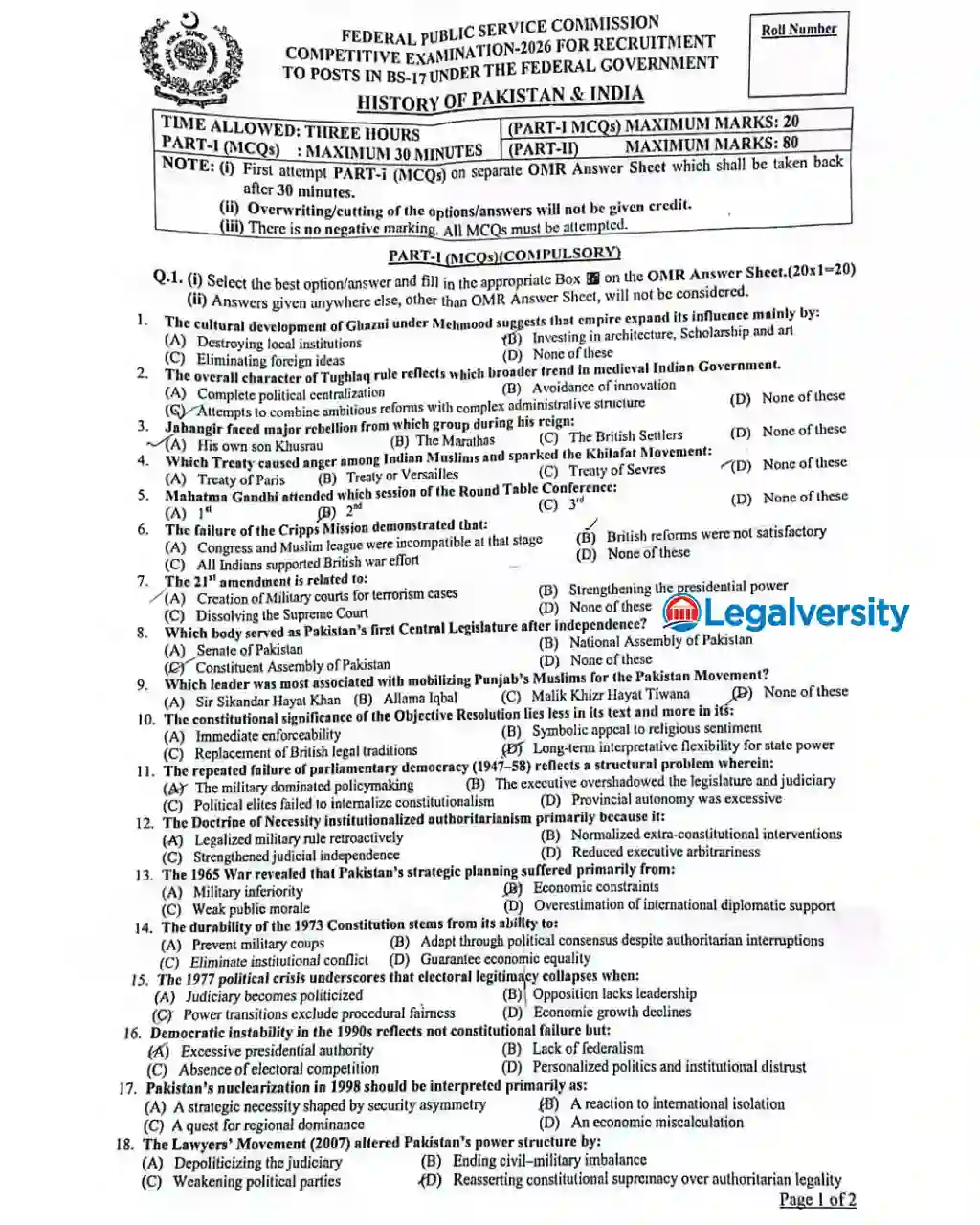 CSS History of Pakistan and India MCQs Paper 2026
