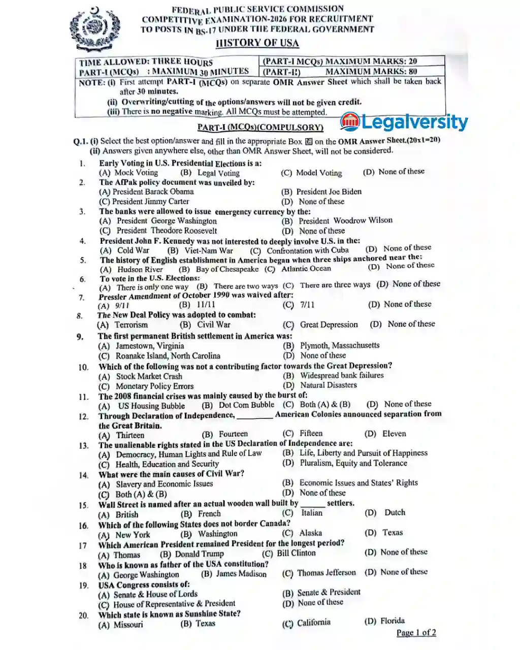 CSS History of USA MCQs Paper 2026