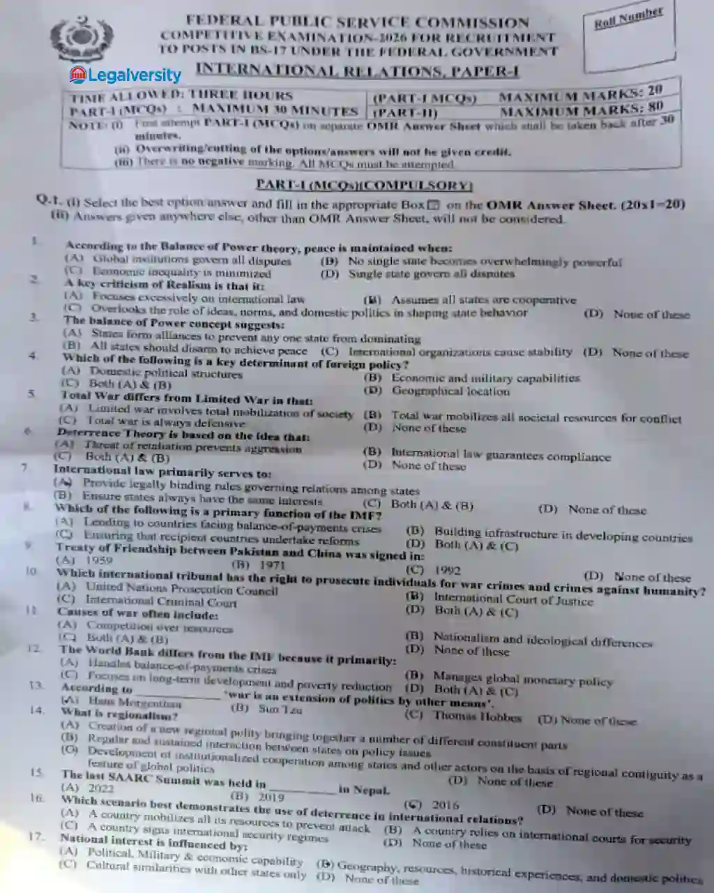 CSS International Relations (IR) Paper-I 2026 MCQs Questions