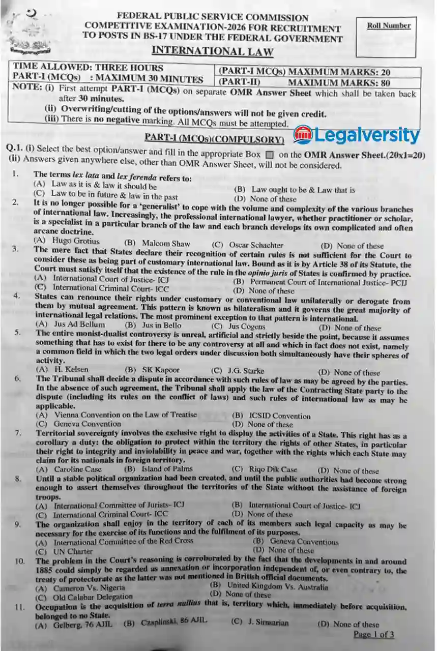 CSS International Law MCQs Paper 2026