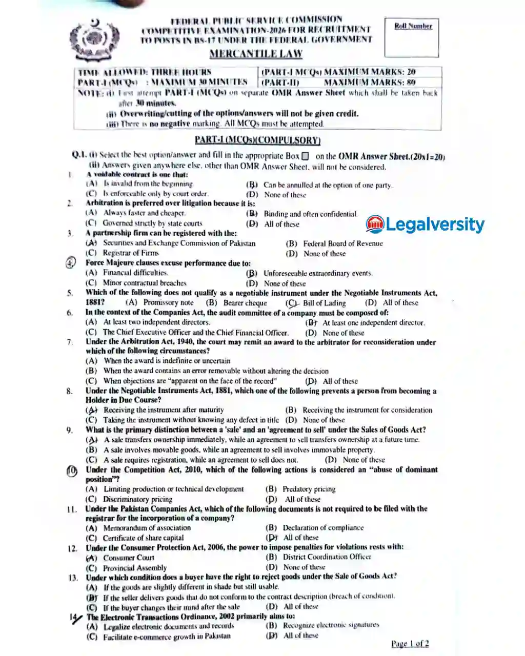 CSS Mercantile Law MCQs Paper 2026