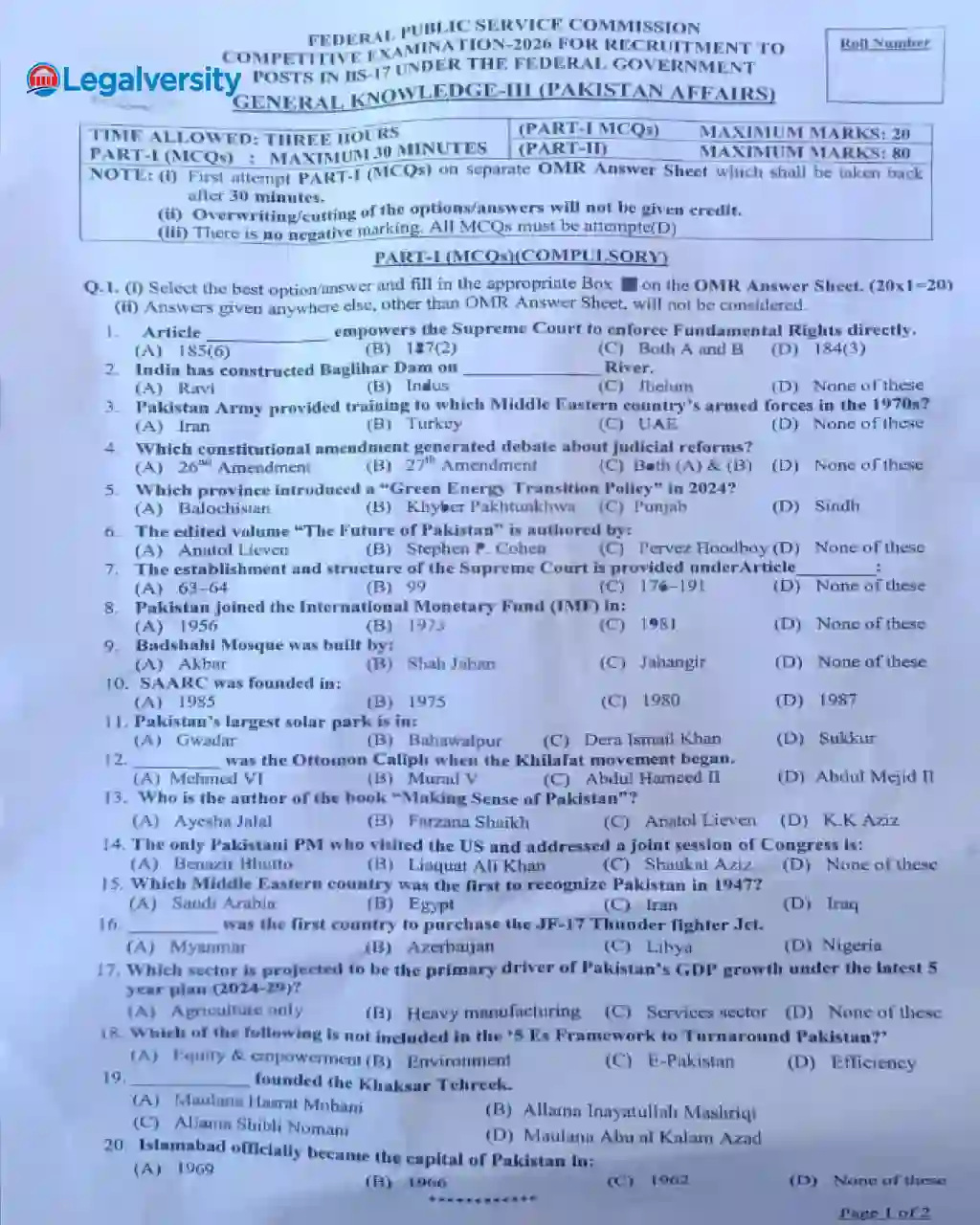 CSS Pakistan Affairs Paper 2026 -1