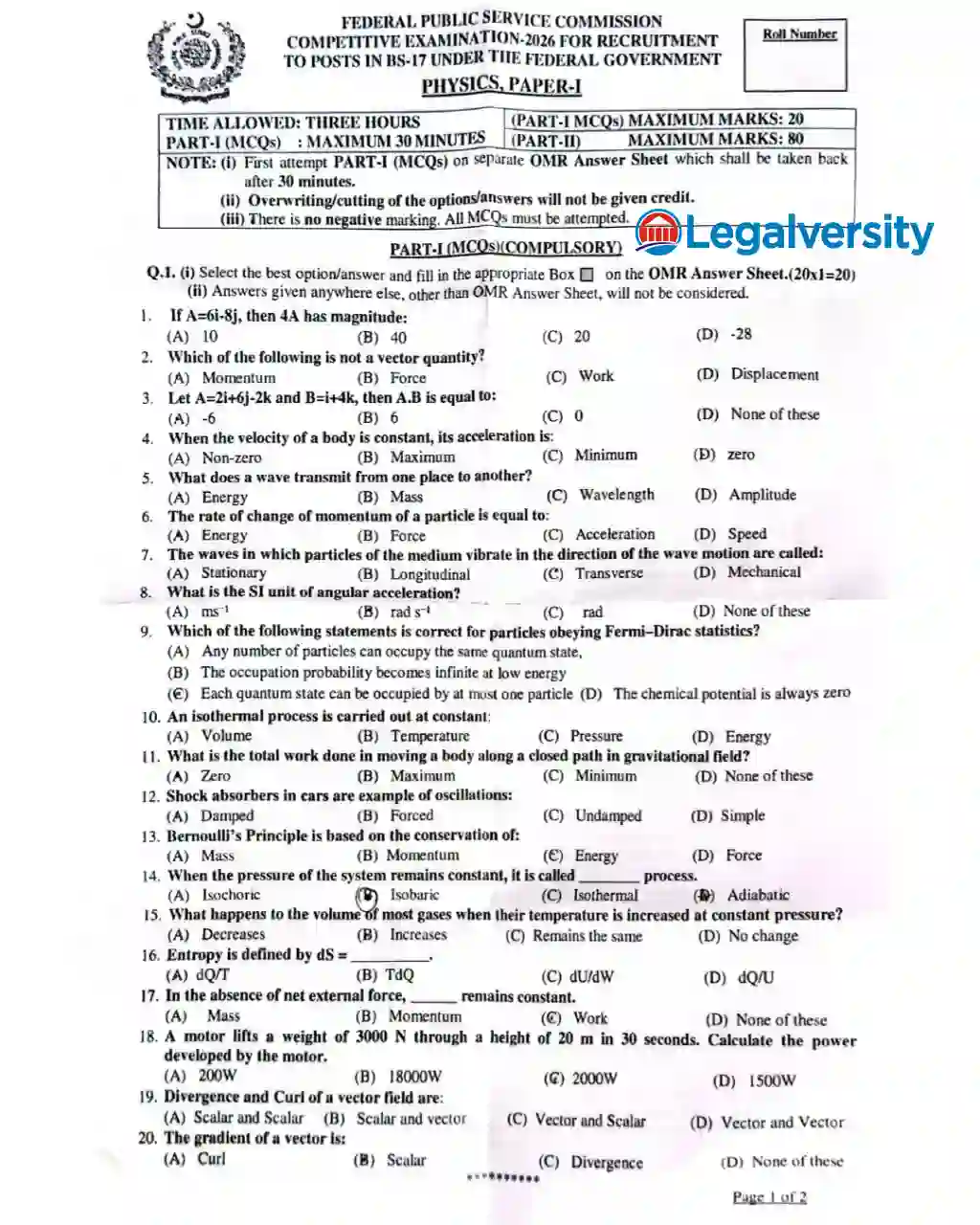 CSS Physics MCQs Paper-I 2026