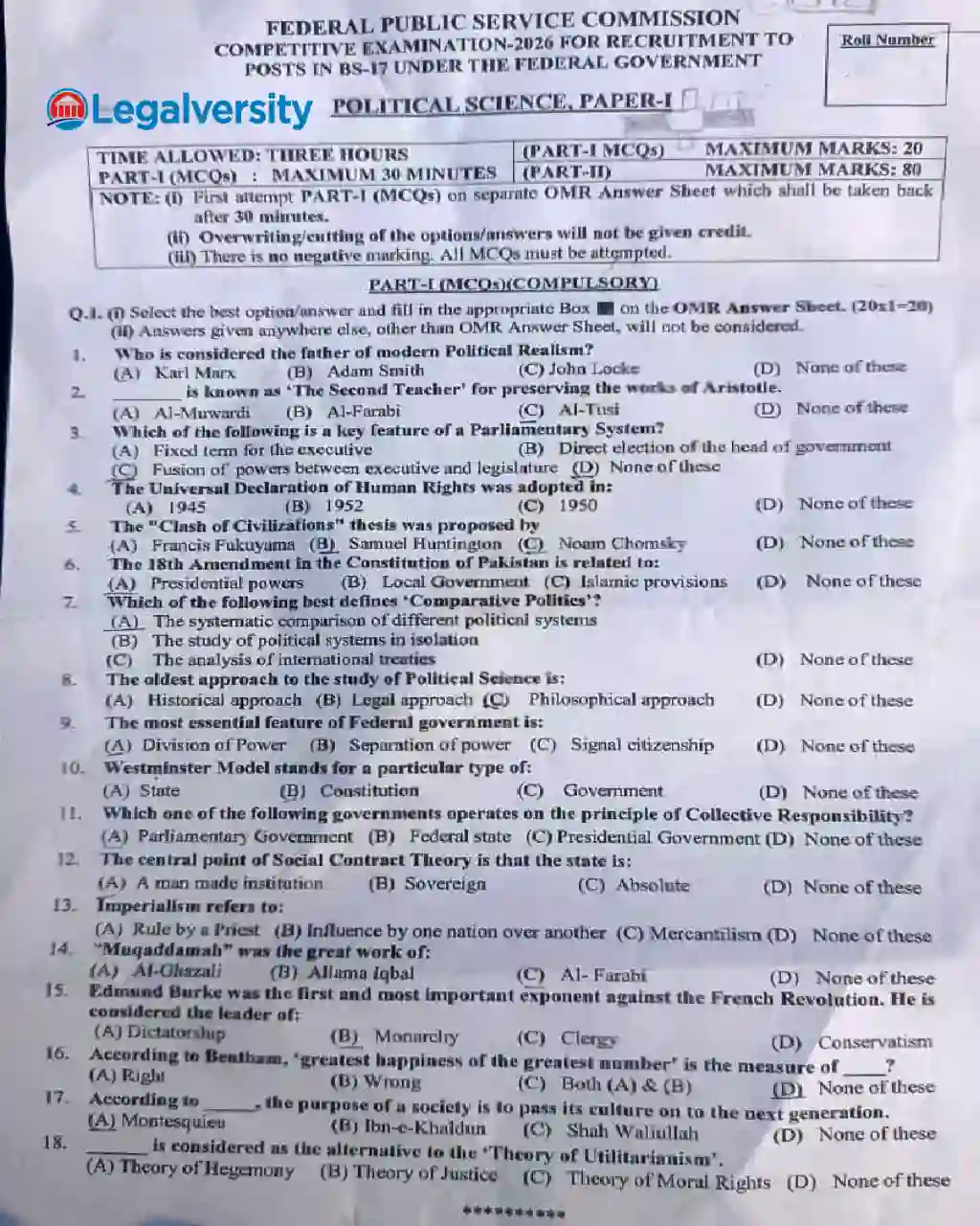 CSS Political Science Paper-I 2026 MCQ Questions