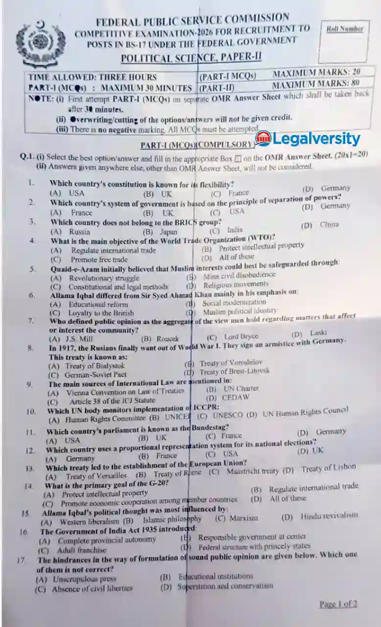 CSS Political Science Paper-II 2026 MCQs Questions