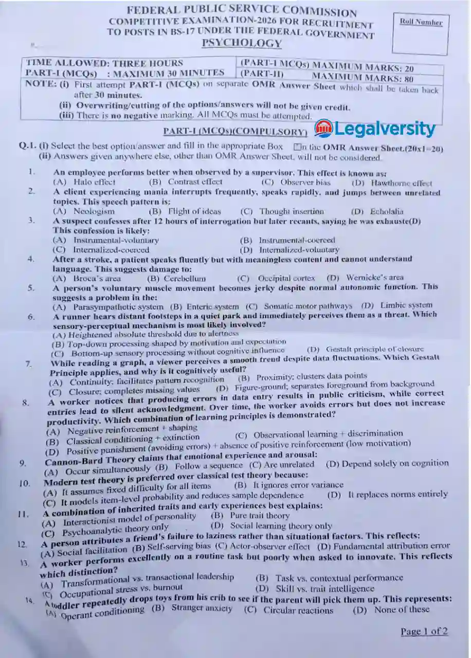 CSS Psychology MCQs Paper 2026