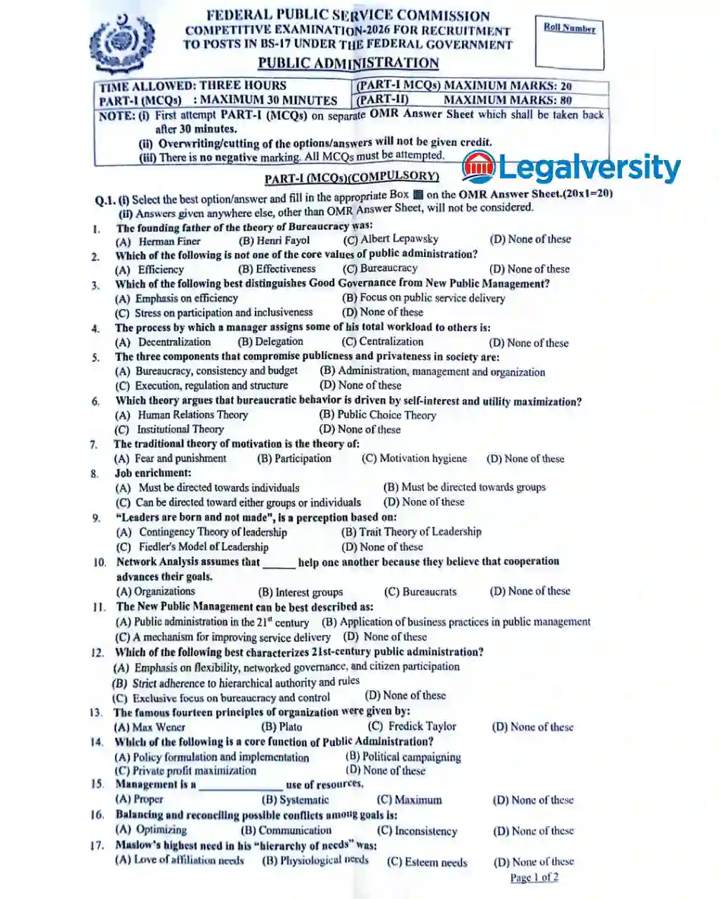 CSS Public Administration MCQs Paper 2026