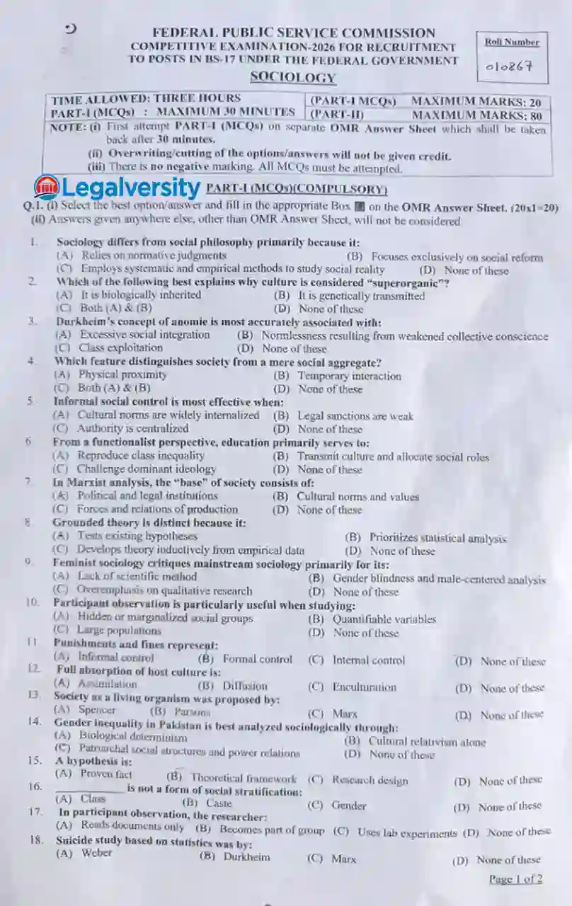 CSS Sociology MCQs Paper 2026