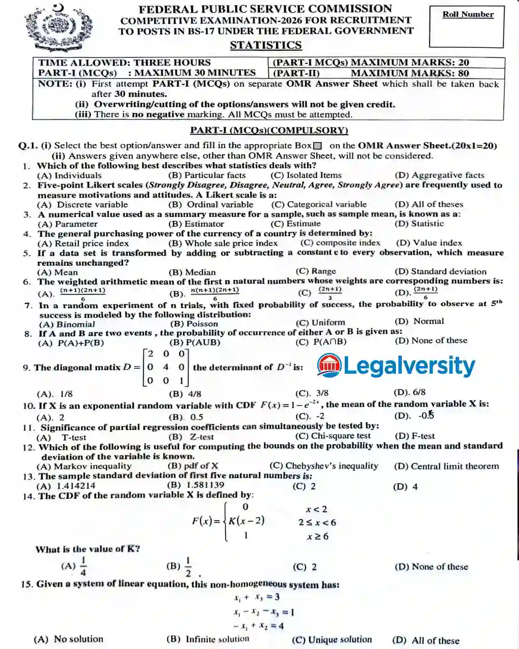 CSS Statistics MCQs Paper 2026