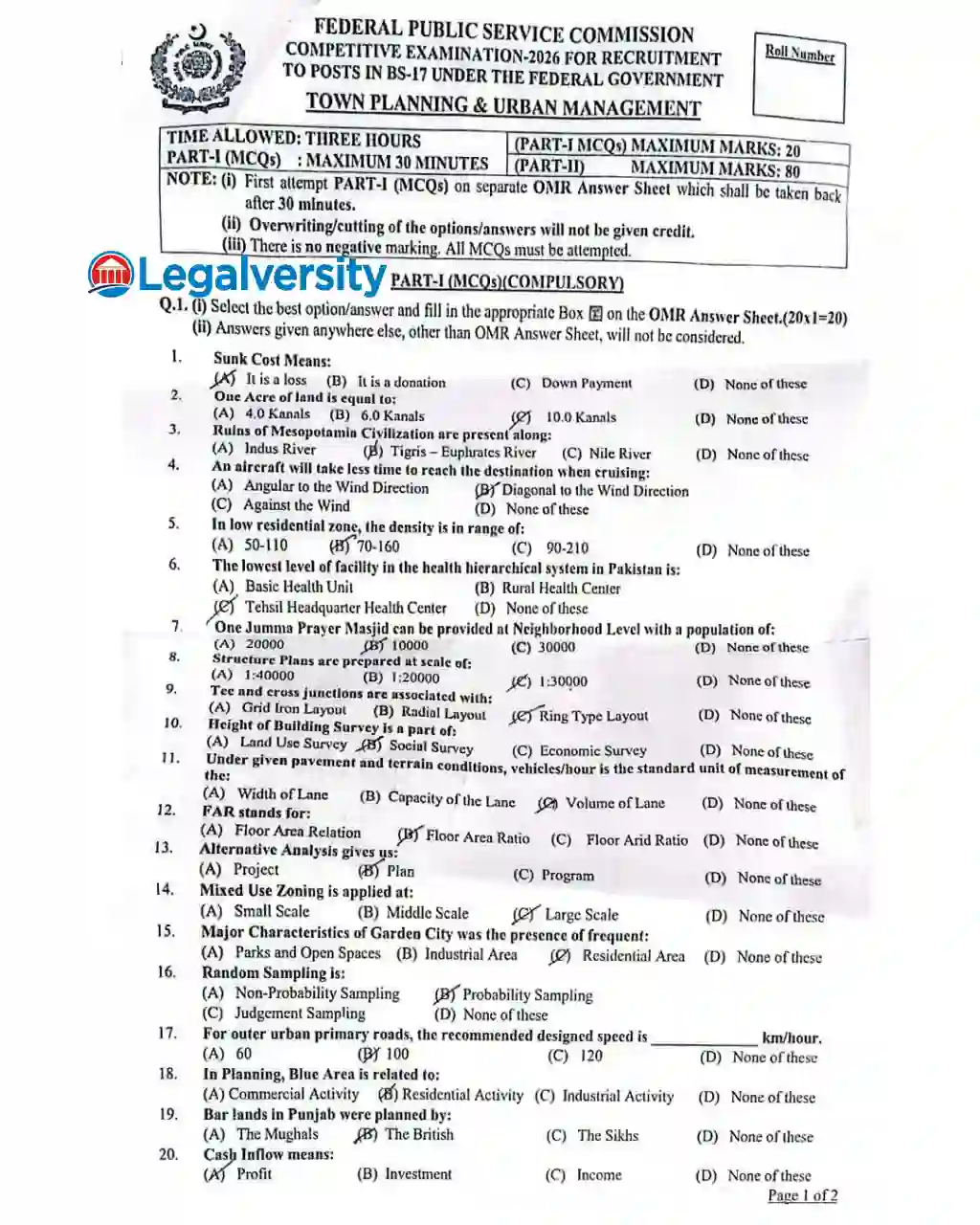 CSS Town Planning & Urban Management MCQs Paper 2026