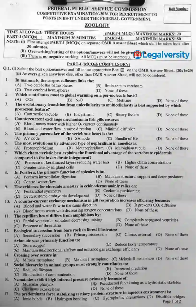 CSS Zoology 2026 MCQs Paper