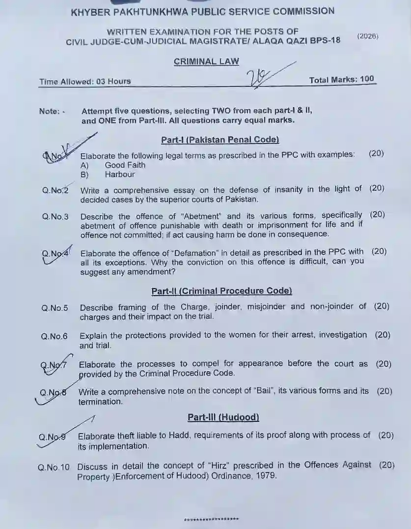 Civil Judge Criminal Law Past Paper 2026