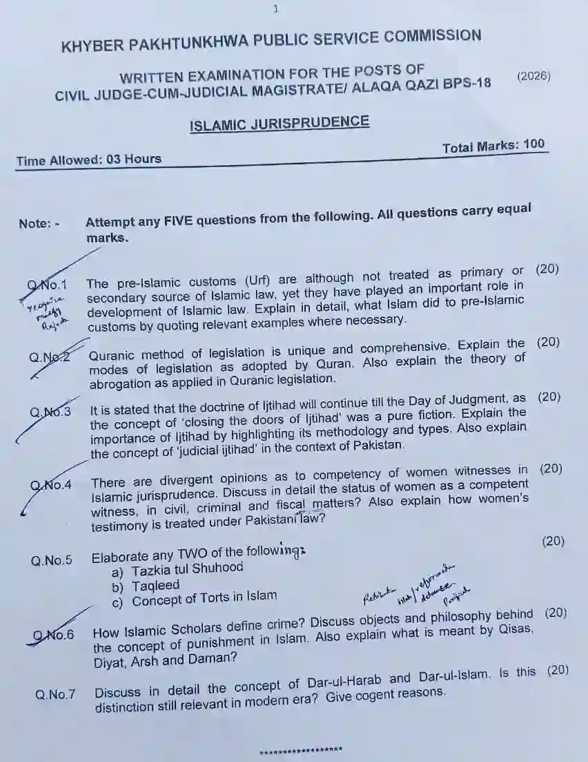 Civil Judge Islamic Jurisprudence Past Paper 2026