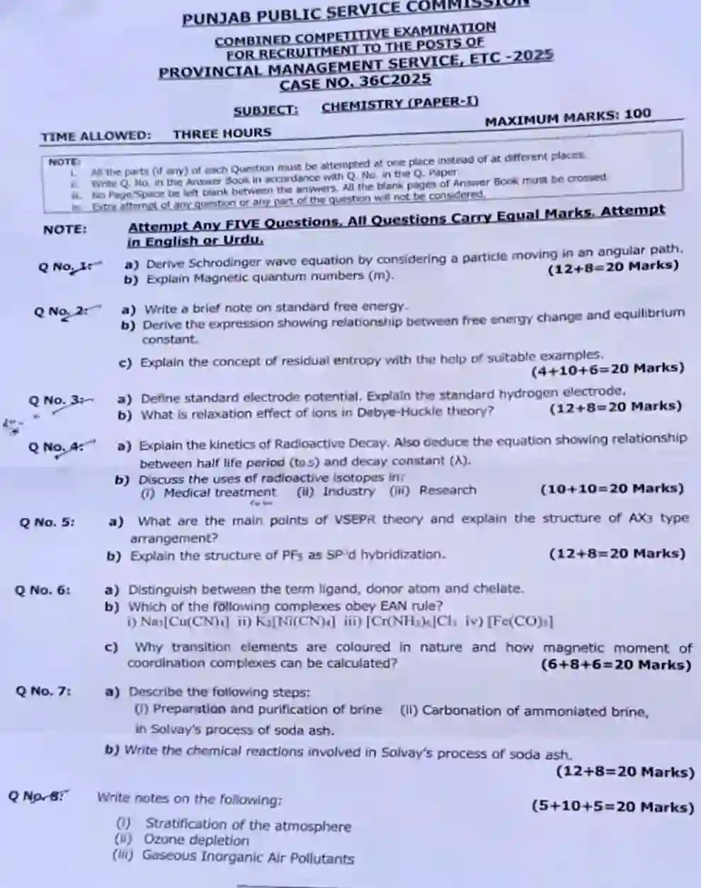 PMS Chemistry Paper-I 2025