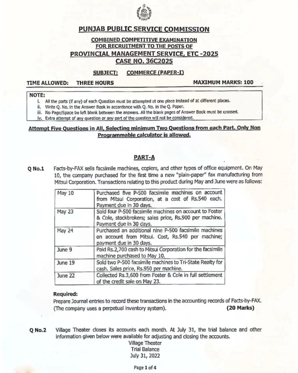PMS Commerce Past Paper-I 2025 -1