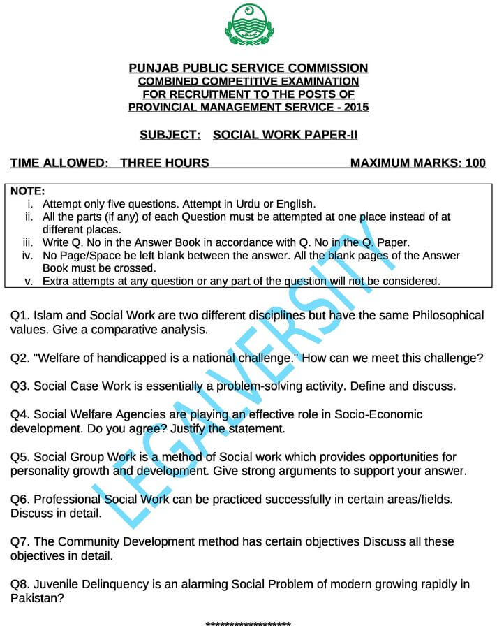 PMS Social Work Paper-II 2015